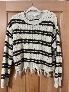 Hooked Up by IOT Cream and Brown Striped Cable-Knit Crewneck Sweater